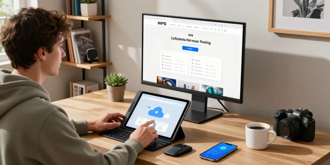 WPS Official Website showcased on a software developer's monitor in a modern workspace with ergonomic accessories.
