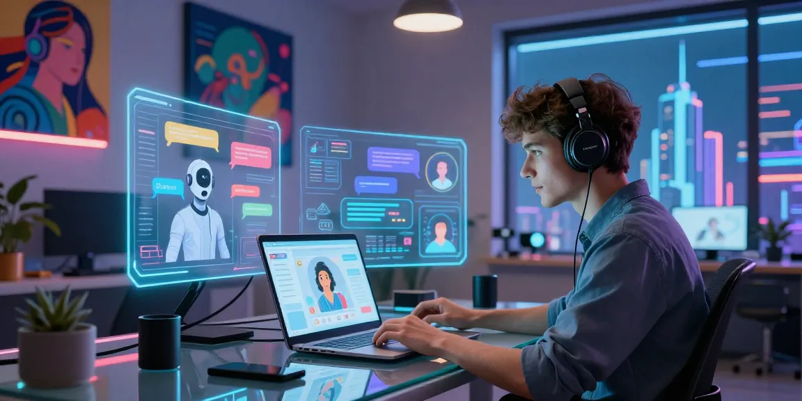 Engaging with crush on ai in a modern tech workspace, person chatting with AI on a sleek laptop surrounded by futuristic interfaces.