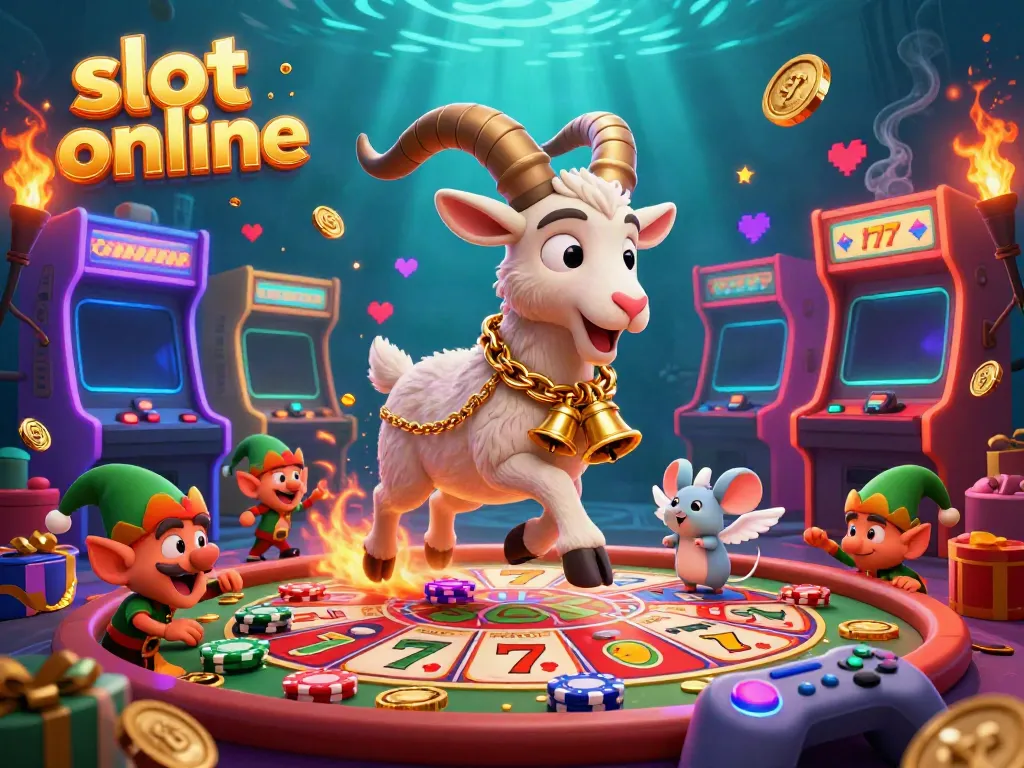 Experience the thrill of slot online games with lively characters amid vibrant slot machines.