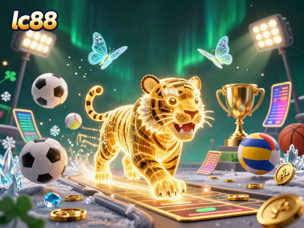 Experience thrilling gameplay at lc88 with a neon wireframe tiger in a vibrant casino.