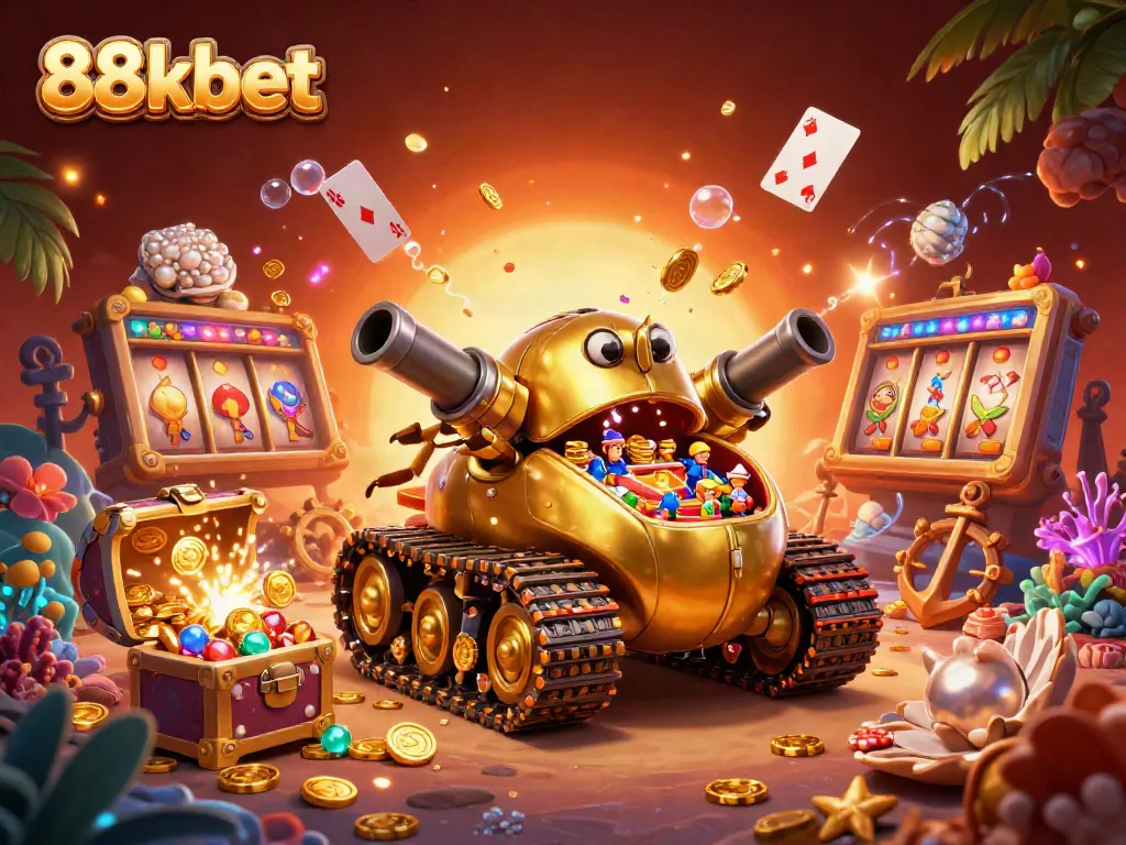Immerse in the excitement of 88kbet as you explore a vibrant casino scene inside a golden tank filled with slots and treasures.