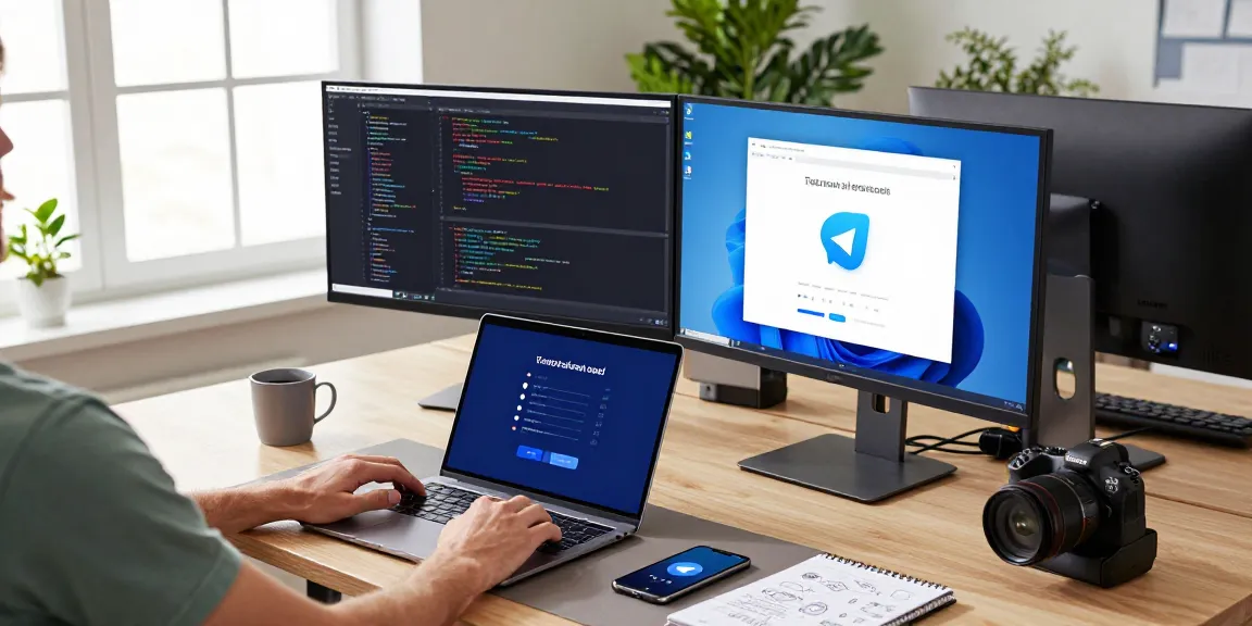 Developer using Telegram Download on dual monitors in a modern workspace