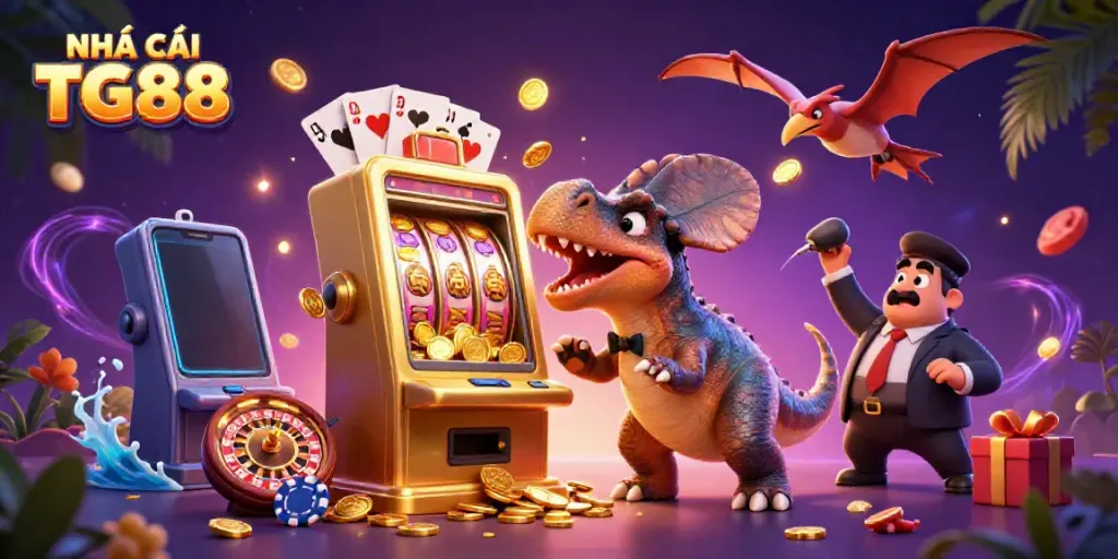 Experience NHÀ CÁI TG88 with vibrant 3D characters celebrating big wins in a casino setting.